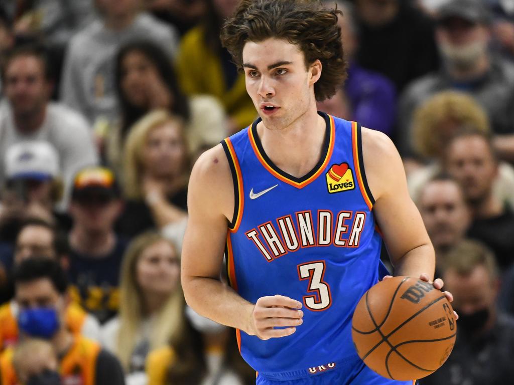 Josh Giddey in action the Oklahoma City Thunder during his regular-season NBA debut, which reaped four points, 10 rebounds and three assists. Picture: Alex Goodlett/Getty Images