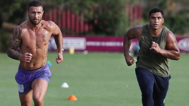 Quade Cooper and Tevita Pangai Jnr training together earlier this year. Picture: Annette Dew