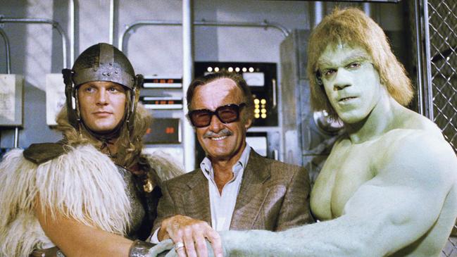 Stan Lee, centre, poses with Lou Ferrigno, right, and Eric Kramer as The Incredible Hulk and Thor. Picture AP