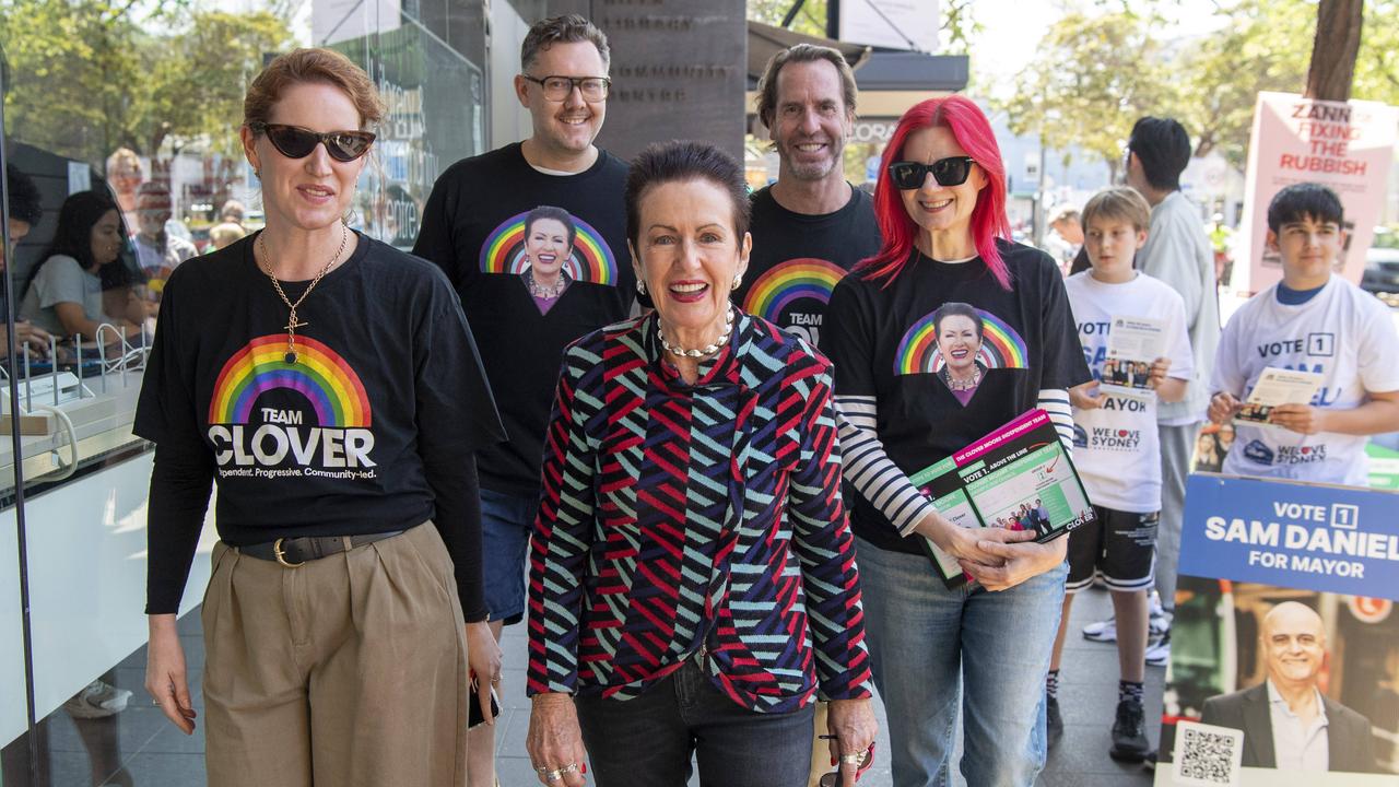 Sydney Lord Mayor Clover Moore holds a press conference with Team Clover representatives (left to right) Maggie Scardifield, Michael Jones, Glynis Traill-Nash and Councillor Adam Worling on election day on Saturday. Picture: NewsWire / Simon Bullard