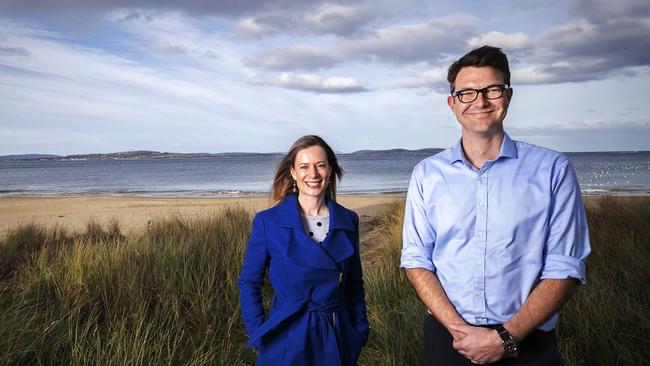 Tasmanian Labor leader Rebecca White and Labor Huon Member of the Legislative Council Bastian Seidel at Blackmans Bay Beach. Picture Chris Kidd