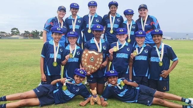 NSW, U12 national champs (L-R) Back: Belinda Allard (manager), Kyra Prajapati, Ella Finnane, Diva Patel, Mia Gilbert, Kate Owen (coach). Front: Michelle Pham, Jane Cruckshank, Kaya Kumar (c), Matilda Lett, Elodie Phillipson, Dristi Abhijith. Ground: Myra Guglani, Gayathri Naik. At West Beach Playing Fields, South Australia, December 6, 2024. Supplied: NSW PSSA