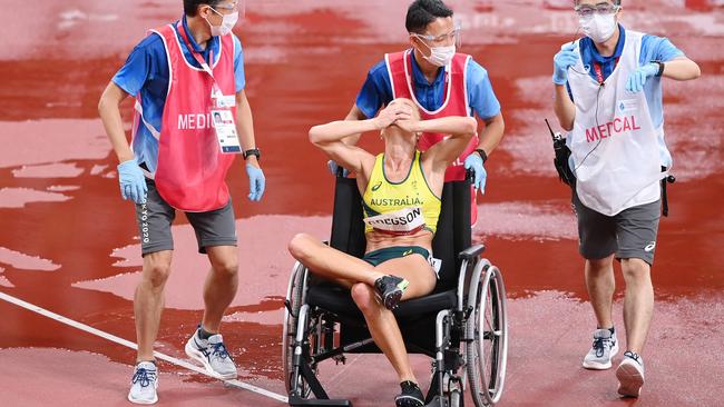 Genevieve Gregson was wheeled off injured. Picture: Getty Images