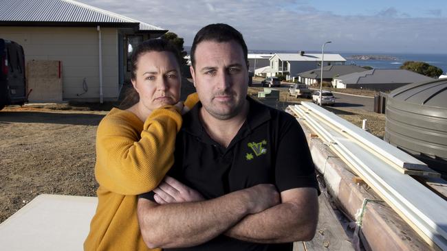 Jason and Amy Varacalli whose property had asbestos in dirt that was used to help build their house. They are part of a potential class action against Fleurieu Regional Waste Authority.17th May 2024, Picture: Brett Hartwig