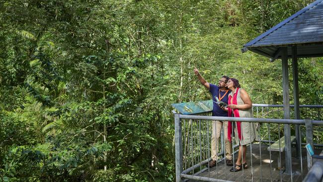 Couple at the Daintree Discovery Centre Treetop Aerial Walkway pointing outwards. Photo: TTNQ