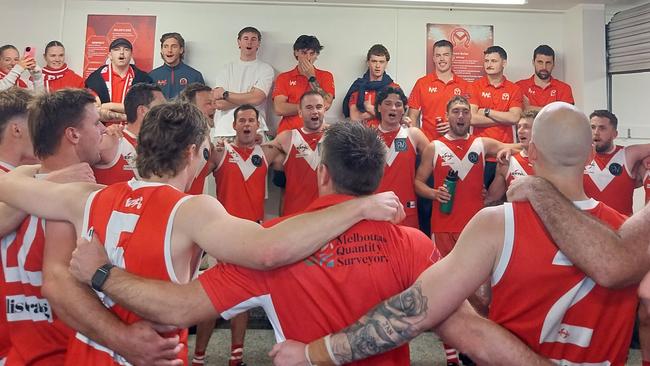 EFNL 2025: Warrandyte belts out the song after its 47-point win over Bulleen Templestowe on Saturday. Picture: Daniel Cencic