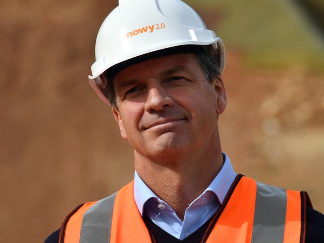Minister for Energy Angus Taylor at a press conference at the start of the drilling for Snowy 2.0 at Lobs Hole, near Mount Selwyn in the Snowy Mountains. Tuesday, June 30, 2020. (AAP Image/Mick Tsikas) NO ARCHIVING