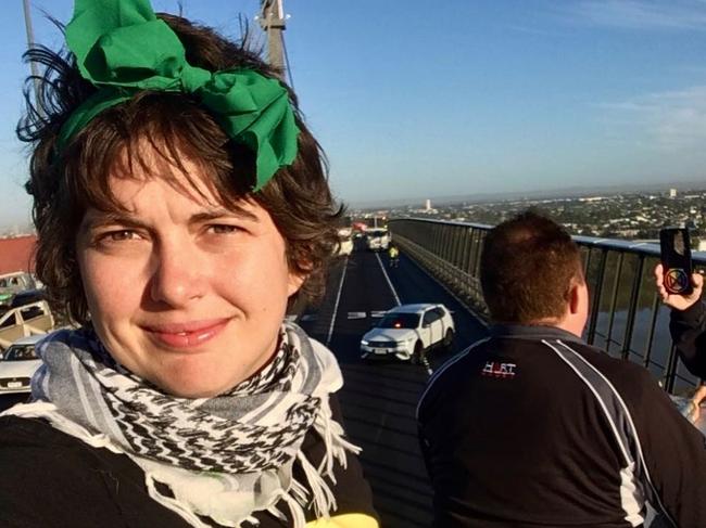 Coco on top of a truck that blocked peak hour traffic on the West Gate Bridge.