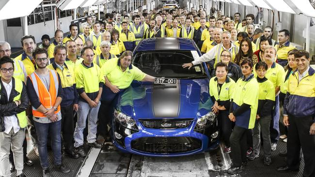 Ford workers at Broadmeadows factory with car 001 (of a batch of 500 for Australia) of the last ever Falcon GT. June 2014. Photo: Supplied