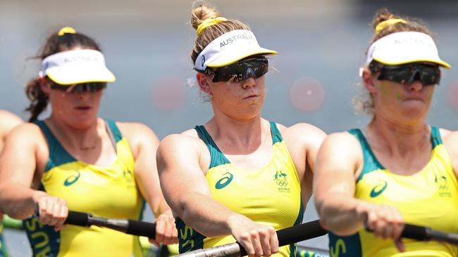 Sarah Hawe of Team Australia competes during the Women's Eight Heat 2 on day one of the Tokyo 2020 Olympic Games at Sea Forest Waterway on July 24, 2021 in Tokyo, Japan. (Photo by Cameron Spencer/Getty Images)