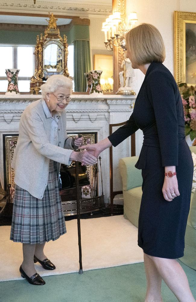 Queen Elizabeth greeting newly elected leader of the Conservative party Liz Truss as she arrives at Balmoral Castle for an audience where she will be invited to become Prime Minister and form a new government on September 6, 2022 in Aberdeen, Scotland. The Queen broke with the tradition of meeting the new prime minister and Buckingham Palace, after needing to remain at Balmoral Castle due to mobility issues. Picture: Jane Barlow – WPA Pool/Getty Images