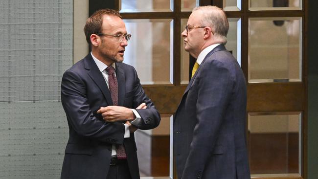 Leader of the Australian Greens Adam Bandt and Anthony Albanese during Question Time at Parliament House. Picture: NCA NewsWire / Martin Ollman