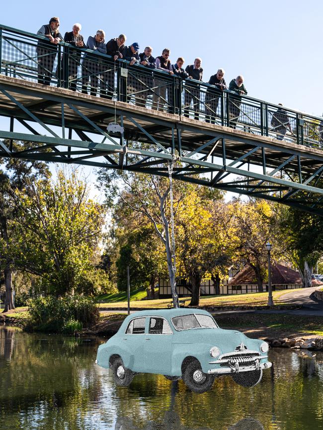 Engineering students behind the Adelaide University prank to hang a car from the footbridge have finally revealed their identities (Photo has been digitally altered). Picture: Adelaide University's Lumen magazine