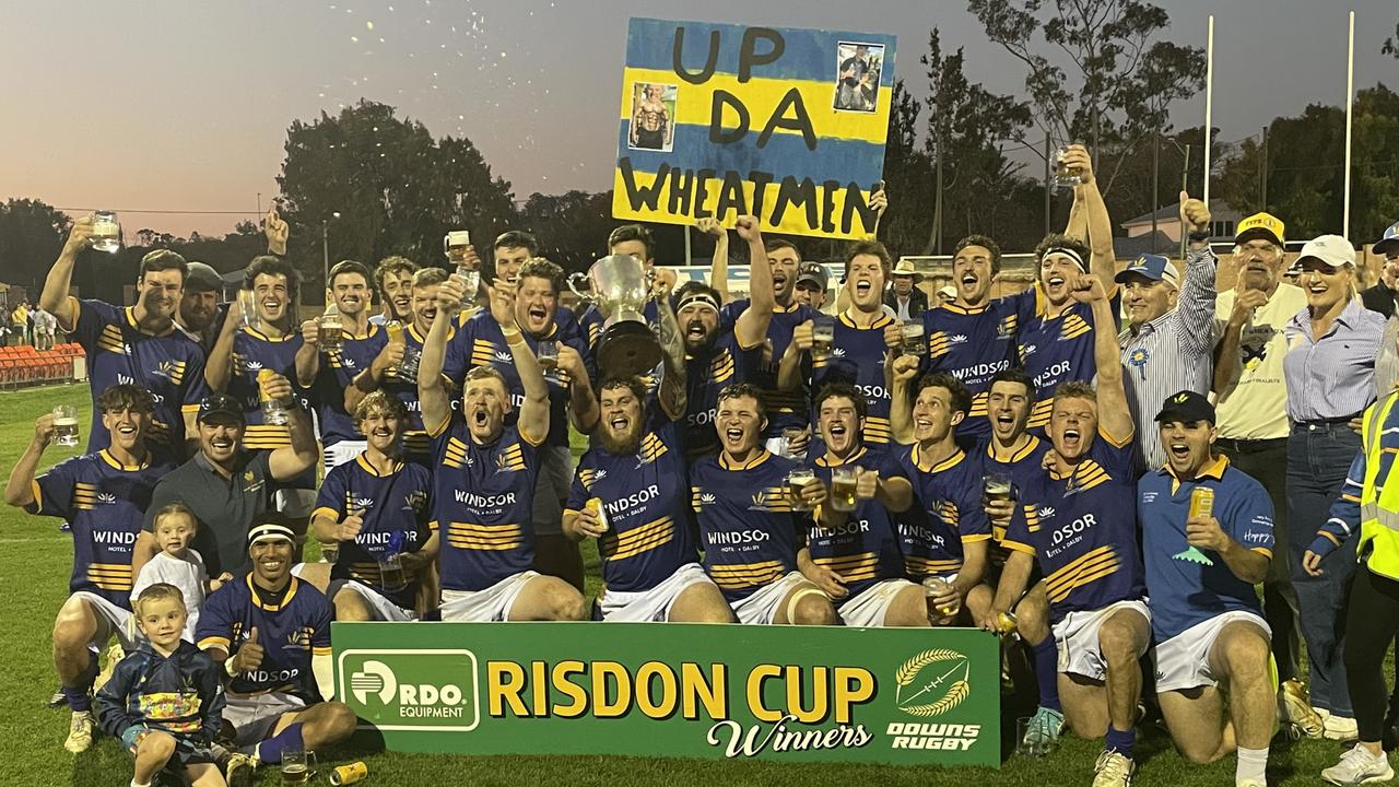 Dalby Wheatmen celebrate winning the 2024 Risdon Cup on Downs Rugby grand final day.