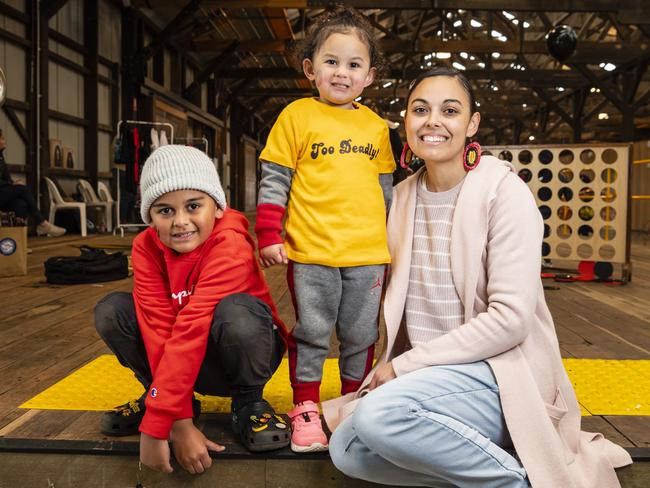 Saxon and Isla-Grace Bartlett with mum Tia McKenna at the Toowoomba NAIDOC Week celebrations at The Goods Shed, Monday, July 4, 2022. Picture: Kevin Farmer