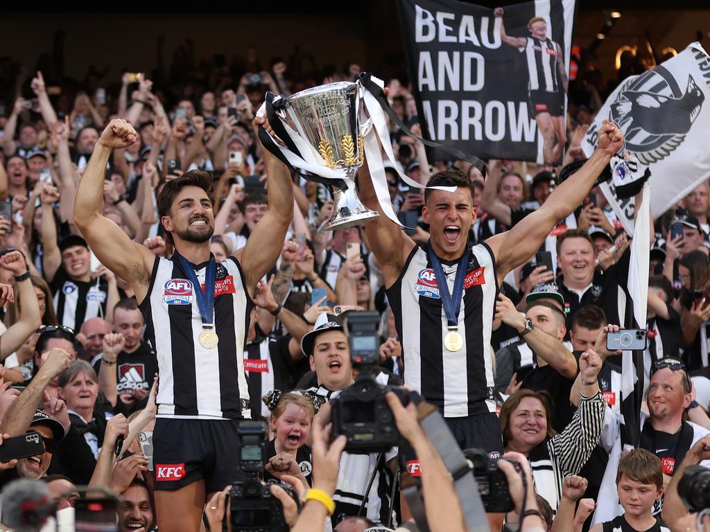 Josh and Nick Daicos celebrate the club’s grand final win. Picture: Robert Cianflone/AFL Photos