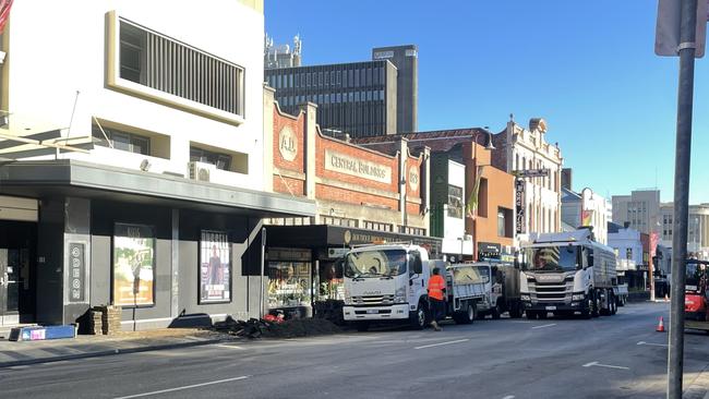 Part of Liverpool Street was closed on Saturday while TasWater repaired a burst water main. Picture: Genevieve Holding