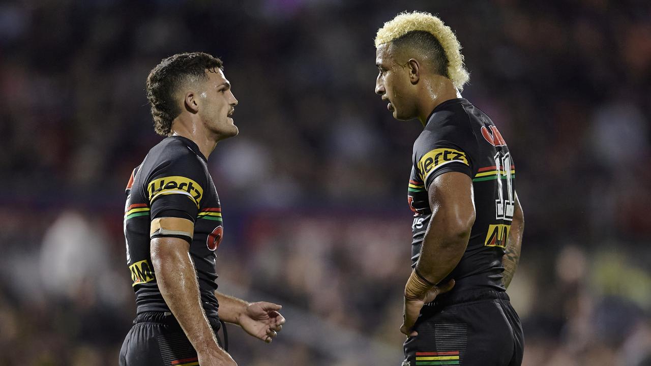 PENRITH, AUSTRALIA - APRIL 15: Viliame Kikau of the Panthers and Nathan Cleary of the Panthers speak during the round six NRL match between the Penrith Panthers and the Brisbane Broncos at BlueBet Stadium, on April 15, 2022, in Penrith, Australia. (Photo by Brett Hemmings/Getty Images)