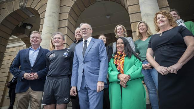 Tasmanian Premier Jeremy Rockliff, Pat Farmer, Prime Minister Anthony Albanese, Linda Burney MP and Hobart Lord Mayor Anna Reynolds at Town Hall, Hobart, for a Yes campaign event during the 2023 referendum. Picture: Chris Kidd