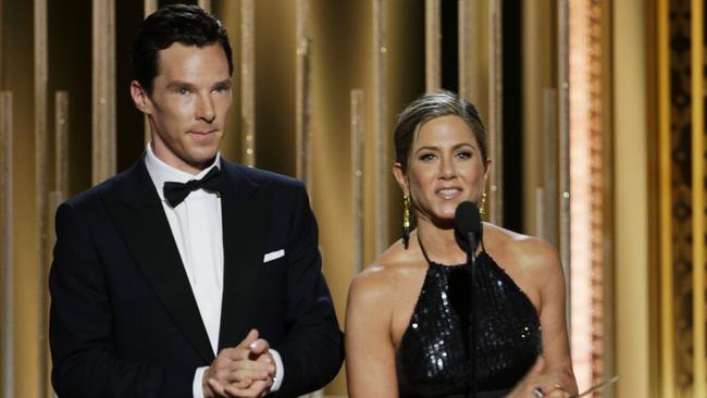 First presenter ... Jennifer Aniston on stage with fellow actor Benedict Cumberbatch.