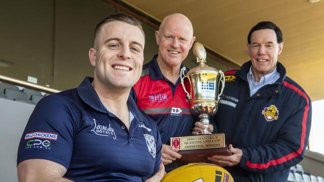 Canterbury Bulldogs Academy coach Blake Mara, Western Clydesdales chairman Tony Coonan and former Clydesdales player Doug Muir celebrate the Clydesdales return to the HostPlus Cup. Picture: Nev Madsen.