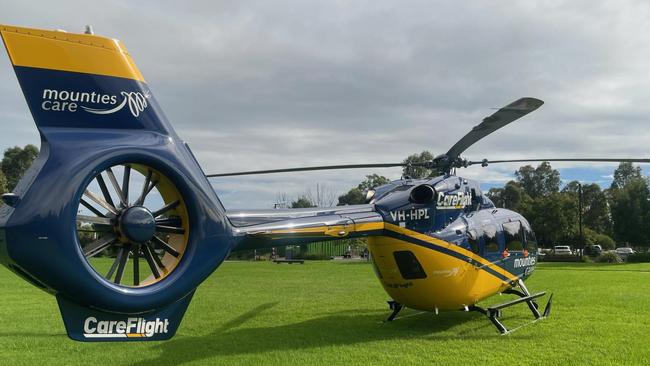 The Mounties CareFlight chopper flew to the showgrounds.