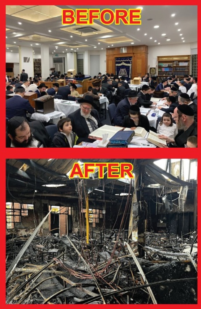 Inside the Adass Israel Synagogue before and after it was firebombed. Picture: Yumi Rosenbaum