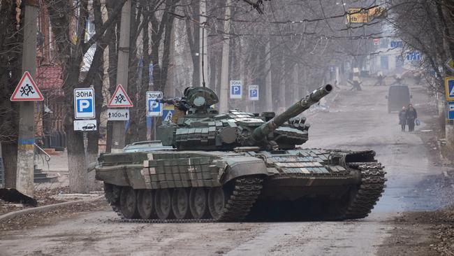 A Ukrainian tank is seen in central Bakhmut on Christmas Eve. Picture: Getty Images