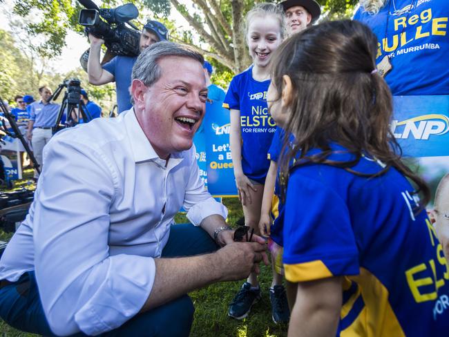 Queensland LNP leader Tim Nicholls meets supporters in his electorate of Clayfield after the Qld Premier Annastacia Palaszczuk announced the date of the Queensland election, Sunday, October 29, 2017. Premier Palaszczuk announced that the election will be held on Saturday, November 25. (AAP Image/Glenn Hunt) NO ARCHIVING