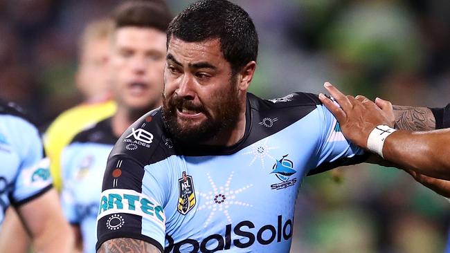 CANBERRA, AUSTRALIAN CAPITAL TERRITORY - MAY 13:  Andrew Fifita of the Sharks runs the ball during the round 10 NRL match between the Canberra Raiders and the Cronulla Sharks at GIO Stadium on May 13, 2018 in Canberra, Australia.  (Photo by Mark Kolbe/Getty Images)