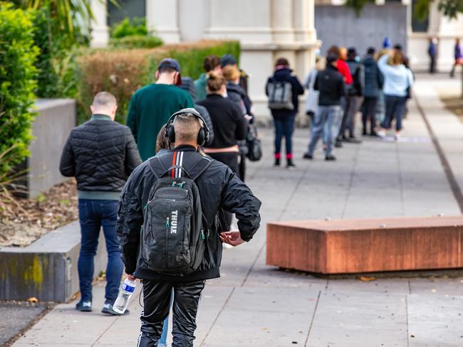 MELBOURNE, AUSTRALIA- NewsWire Photos MAY 29 2021: Queues at Royal Exhibition Building vaccination hub. Picture: NCA NewsWire / Sarah Matray