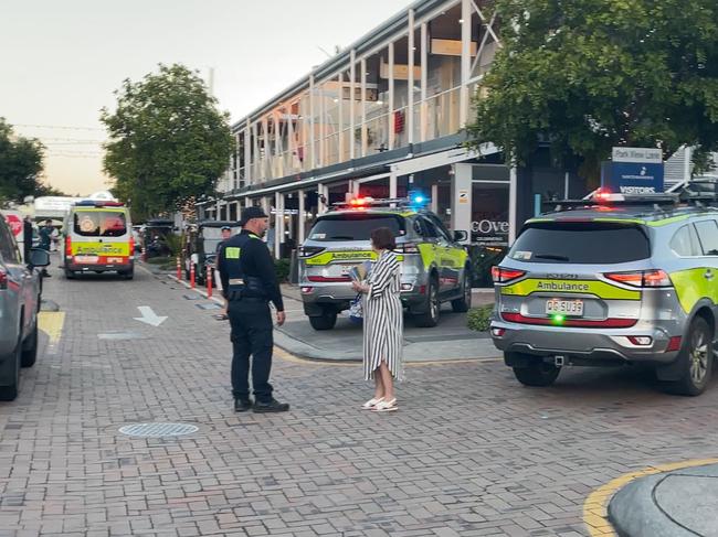 Police and ambulance crews at the scene of a stabbing at Sanctuary Cove on Wednesday. Picture: Charlton Hart.