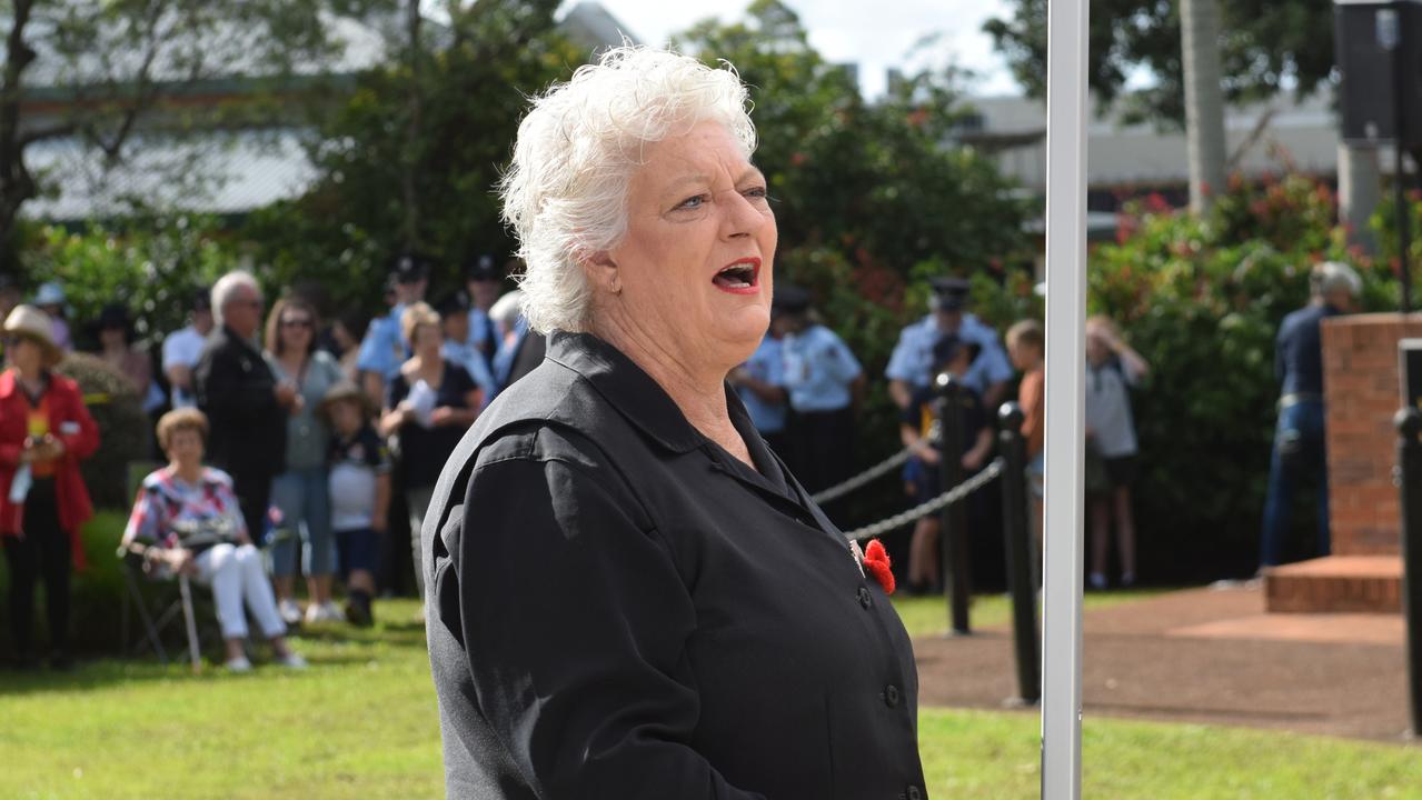 Headliners Chorus conductor Cathy Gordon leads the choir through the ANZAC DAY Ceremony in Elizabeth Ann Brown Park Picture: Nicholas Rupolo.