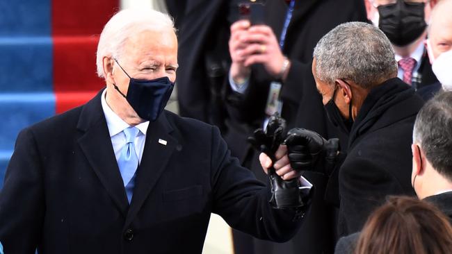 Ahead of his inauguration as US President, Joe Biden greets former President Barack Obama at the US Capitol in Washington, DC. Picture: AFP