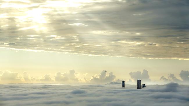 Morning fog around Brisbane. Pic Mark Cranitch.