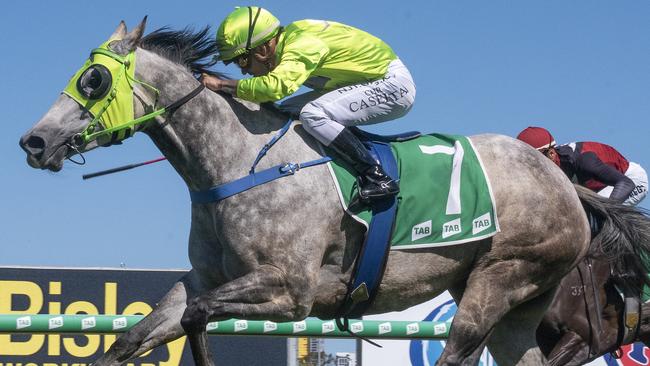 Missing jockey Chris Caserta rides Gem Of The Lochs to victory on the Gold Coast on November 13. Picture: Magic Millions