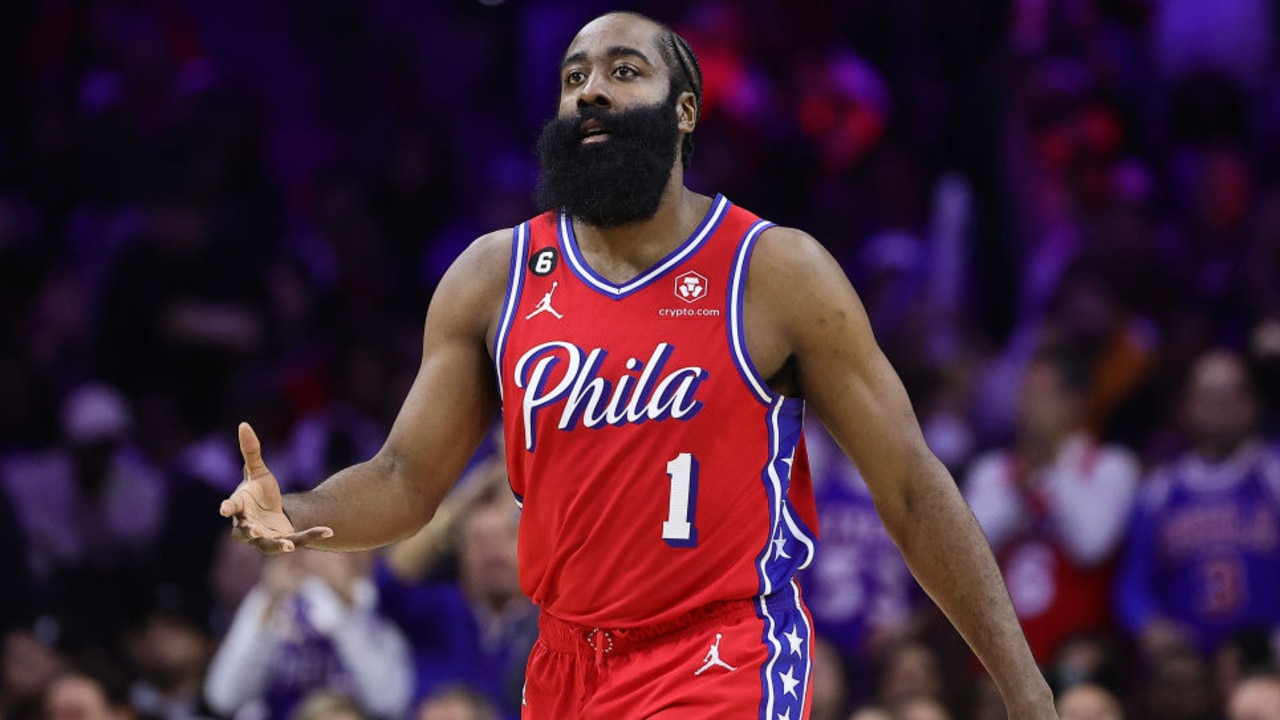PHILADELPHIA, PENNSYLVANIA - DECEMBER 09: James Harden #1 of the Philadelphia 76ers looks on during the third quarter at Wells Fargo Center on December 09, 2022 in Philadelphia, Pennsylvania. NOTE TO USER: User expressly acknowledges and agrees that, by downloading and or using this photograph, User is consenting to the terms and conditions of the Getty Images License Agreement. (Photo by Tim Nwachukwu/Getty Images)