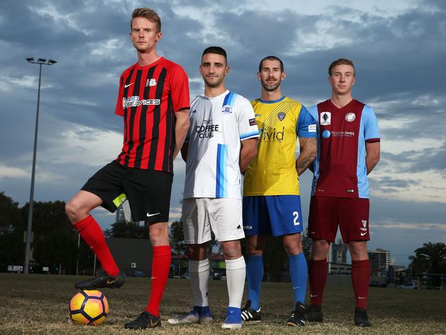 Matt Noble (Burleigh Heads), Bruno Rodriguez (Surfers Paradise), Leon Bell (Broadbeach United) and Mark Ingerson (Coomera) are ready for the start of the Premier League finals. Picture: Glenn Hampson