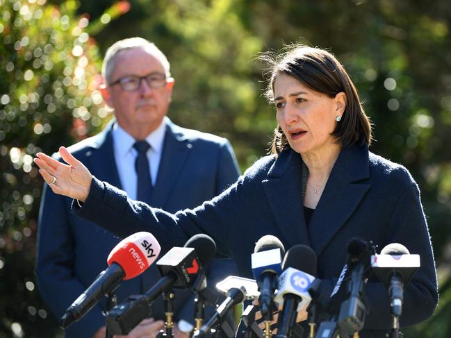 SYDNEY, AUSTRALIA - NCA NewsWire Photos AUGUST, 5, 2020: NSW Premier Gladys Berejiklian (right) and NSW Health Minister Brad Hazzard during a press conference at Parliament House in Sydney. Picture: NCA NewsWire/Joel Carrett