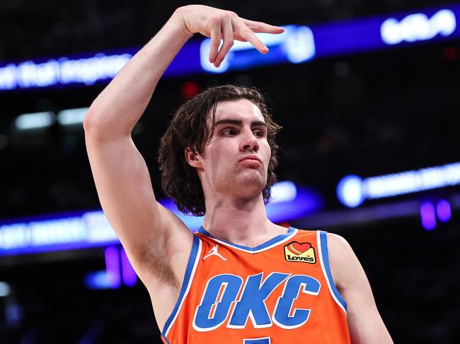 NEW YORK, NEW YORK - MARCH 31: Josh Giddey #3 of the Oklahoma City Thunder reacts after making a three pointer during the fourth quarter of the game against the New York Knicks at Madison Square Garden on March 31, 2024 in New York City. NOTE TO USER: User expressly acknowledges and agrees that, by downloading and or using this photograph, User is consenting to the terms and conditions of the Getty Images License Agreement. (Photo by Dustin Satloff/Getty Images)