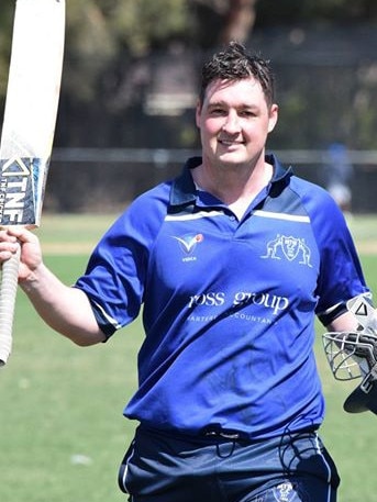 Mt Waverley VSDCA captain Andrew Power celebrates his century against Croydon.