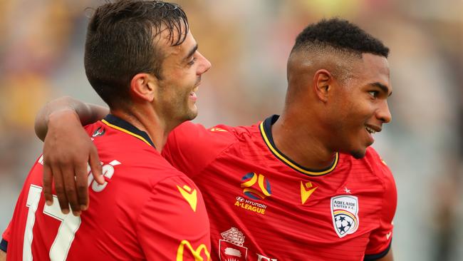 GOSFORD, AUSTRALIA – NOVEMBER 16: Nikola Mileusnic of Adelaide United celebrates a goal during the round 6 A-League match between the Central Coast Mariners and Adelaide United at Central Coast Stadium on November 16, 2019 in Gosford, Australia. (Photo by Tony Feder/Getty Images)