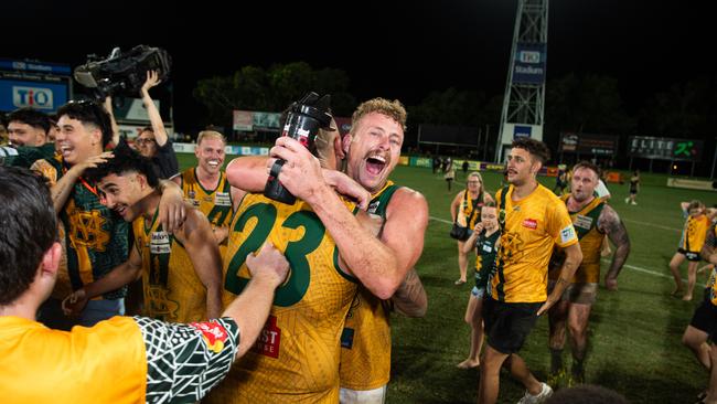 Jackson Calder celebrates the win in the 2023-24 NTFL Men's Grand Final between Nightcliff and St Mary's. Picture: Pema Tamang Pakhrin