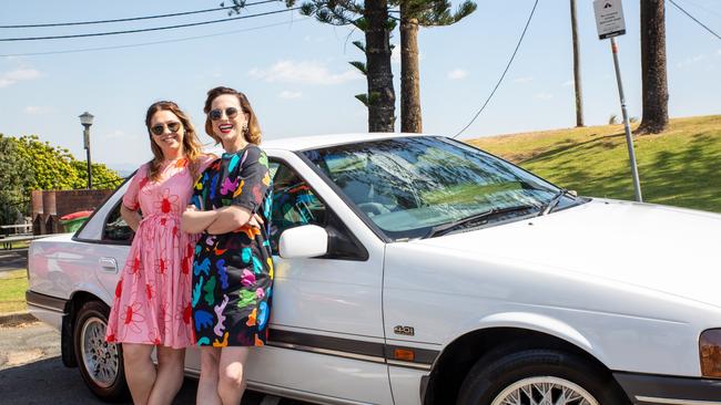 Ms Abbott and Ms Jones took a ride in a 1993 Falcon at Coolangatta on Tuesday, the same one that took Muriel and Rhonda out of Porpoise Spit and towards Sydney. Photo: Lauren Panrucker