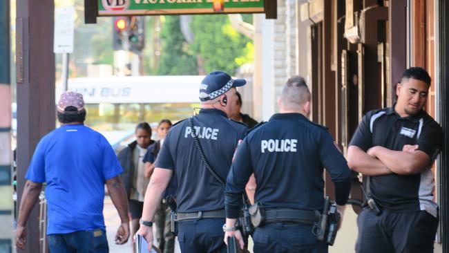 Police on the beat in Alice Springs hours after Northern Territory Police Commissioner Michael Murphy enacted a 72-hour snap 10pm-6am curfew. Picture: Gera Kazakov