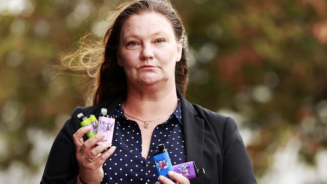 Wendy Beveridge with vapes similar to the ones her daughters use is a concerned parent who is one of 4000 people to have made a submission to a vaping inquiry instigated by the TGA which has just handed down its recommendations to the Federal Government. Picture: Tim Hunter.