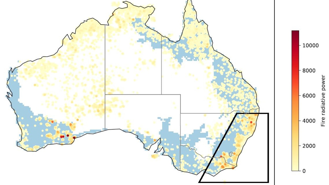 The severity of bushfires in Australia from July 1, 2019 to January 10, 2020, with the most severe fires shown in red. The forested areas are shown in blue. Picture: World Weather Attribution