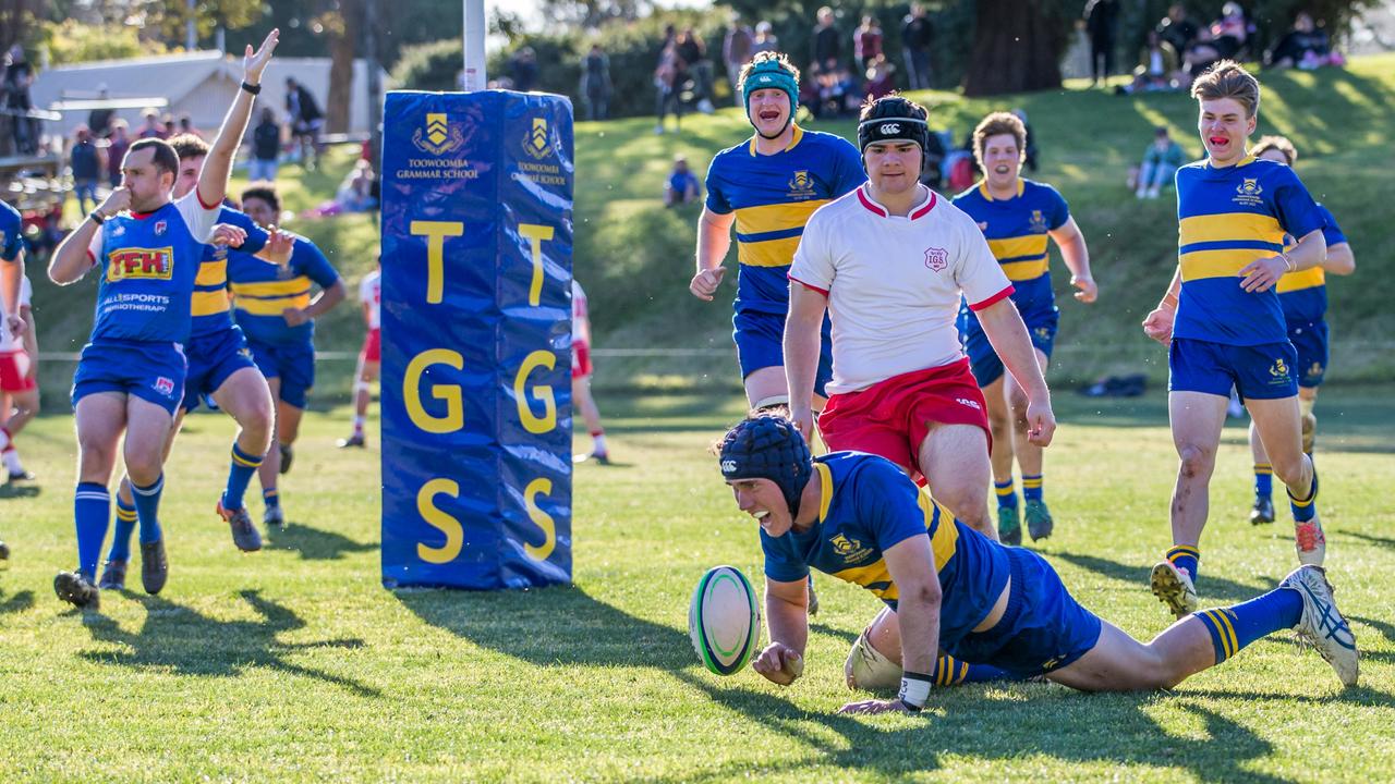 Chace Oates scores for Grammar in their GPS rugby firsts match against Ipswich Grammar