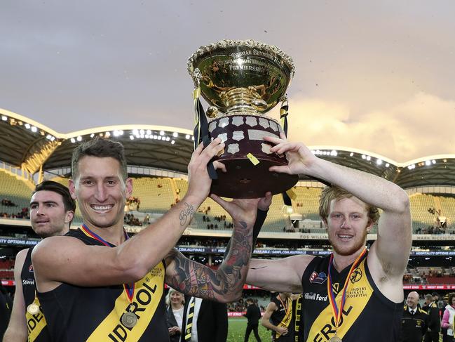 SANFL - GRAND FINAL  22/09/19 - Port Adelaide v Glenelg at Adelaide Oval. Jesse White and Joshua Scott with the trophy Picture SARAH REED