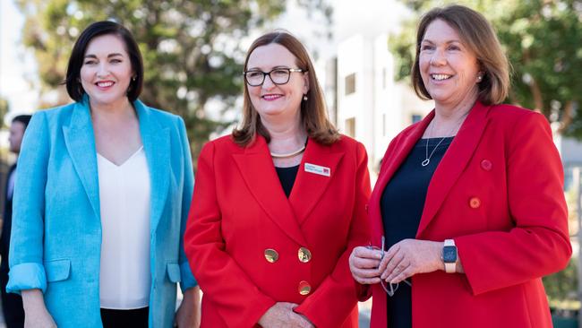 State local MP Jayne Stinson, Boothby candidate Louise Miller-Frost, and federal MP Catherine King at the announcement on funding for Marion Rd between Anzac Highway and Cross Rd on Monday. Picture: Supplied